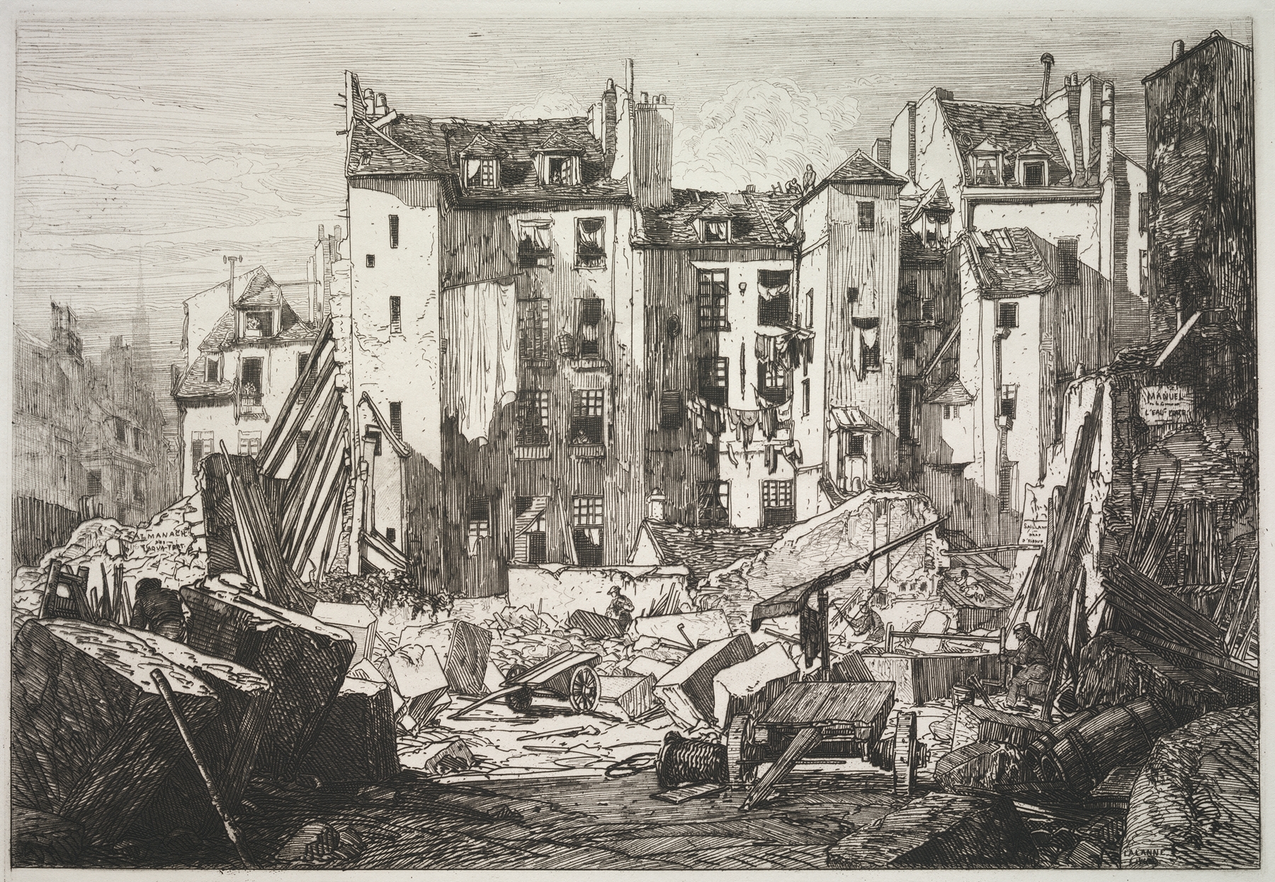 Engraving by Maxime Lalanne depicting demolition and rubble for the Rue des Écoles