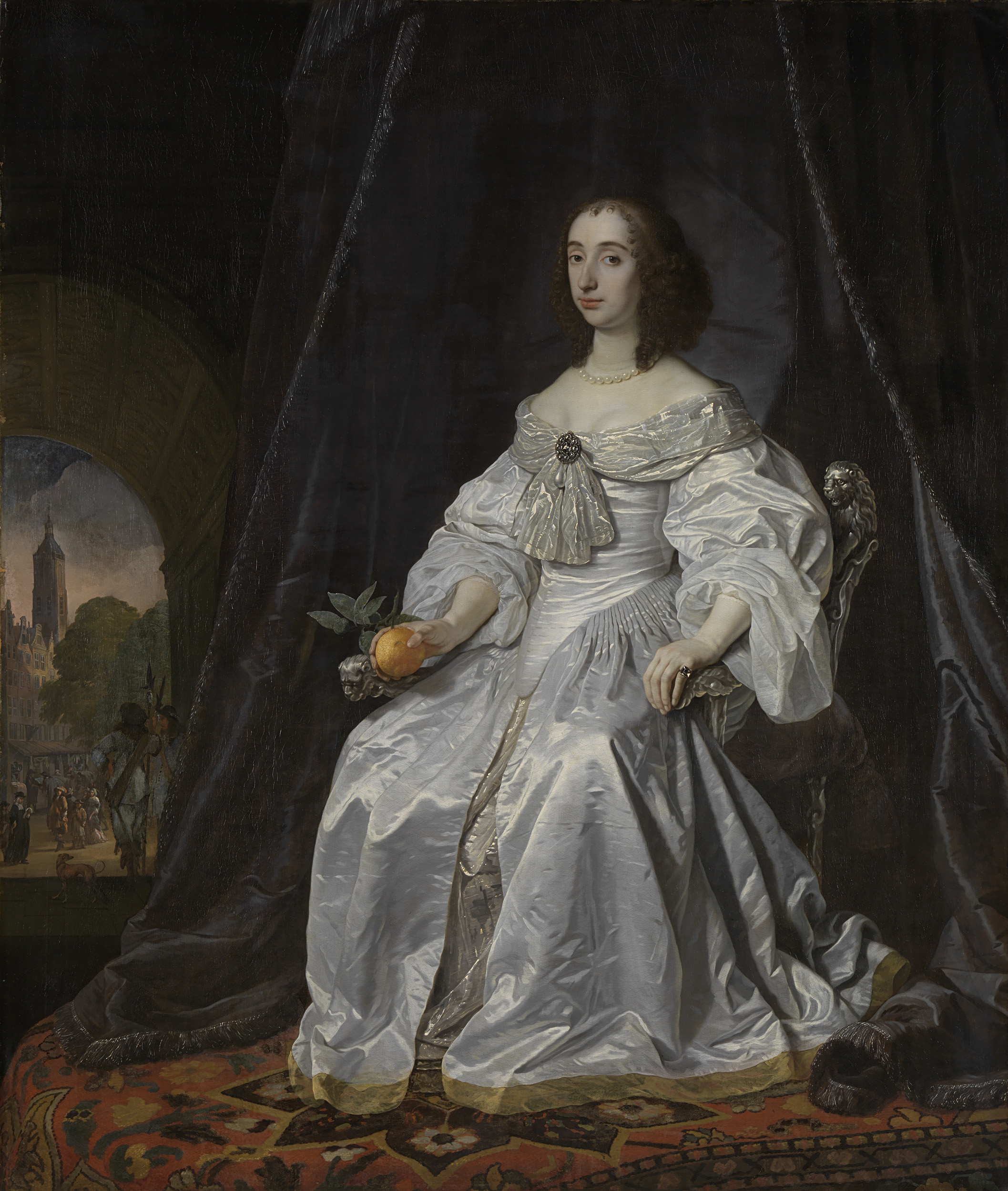 Portrait of Mary Stuart in mourning, holding an orange, oil painting by Bartholomeus van der Helst