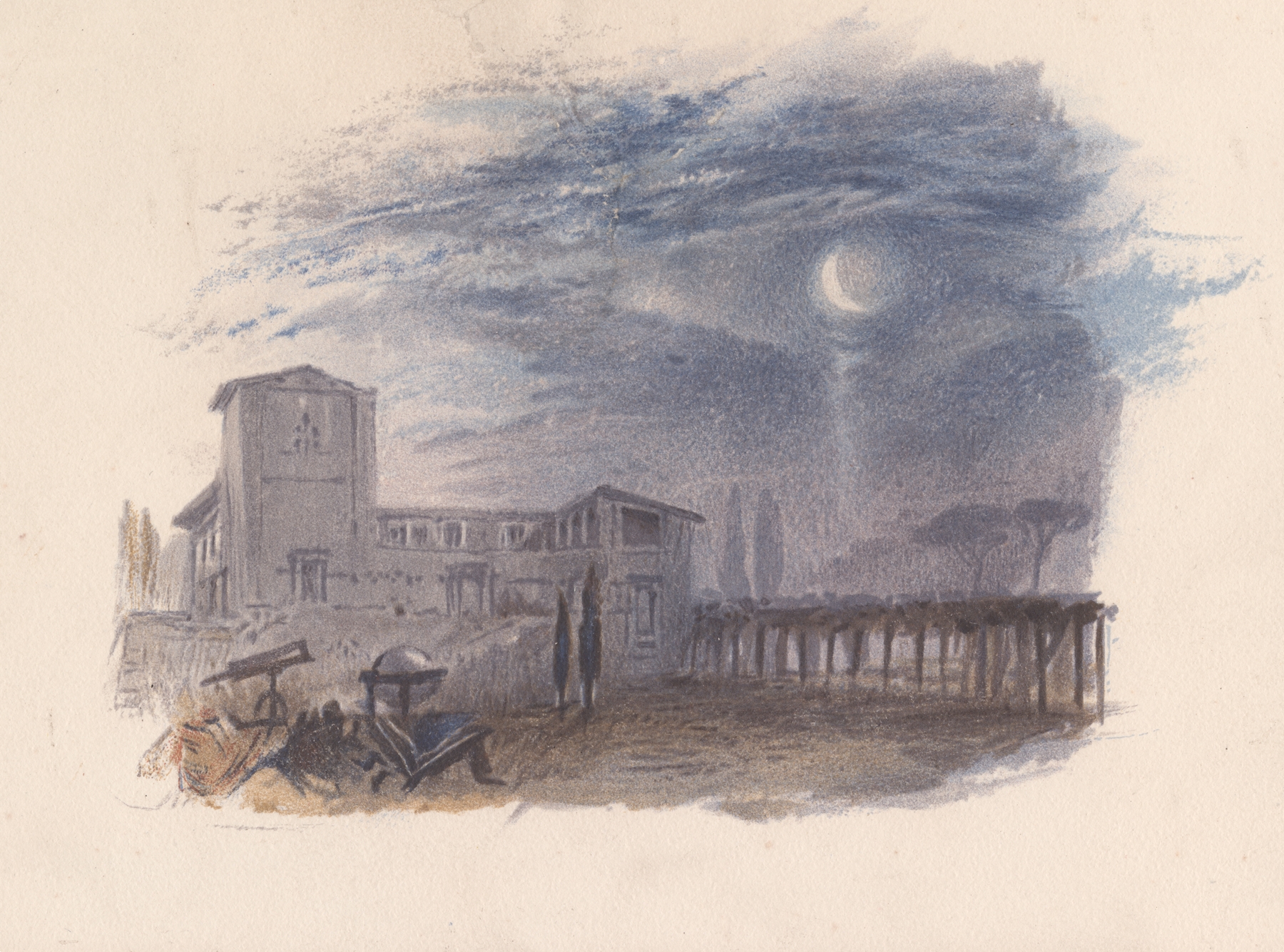 Galileo’s Villa by M.H. Long, Romanticism landscape, features rolling hills and a villa.