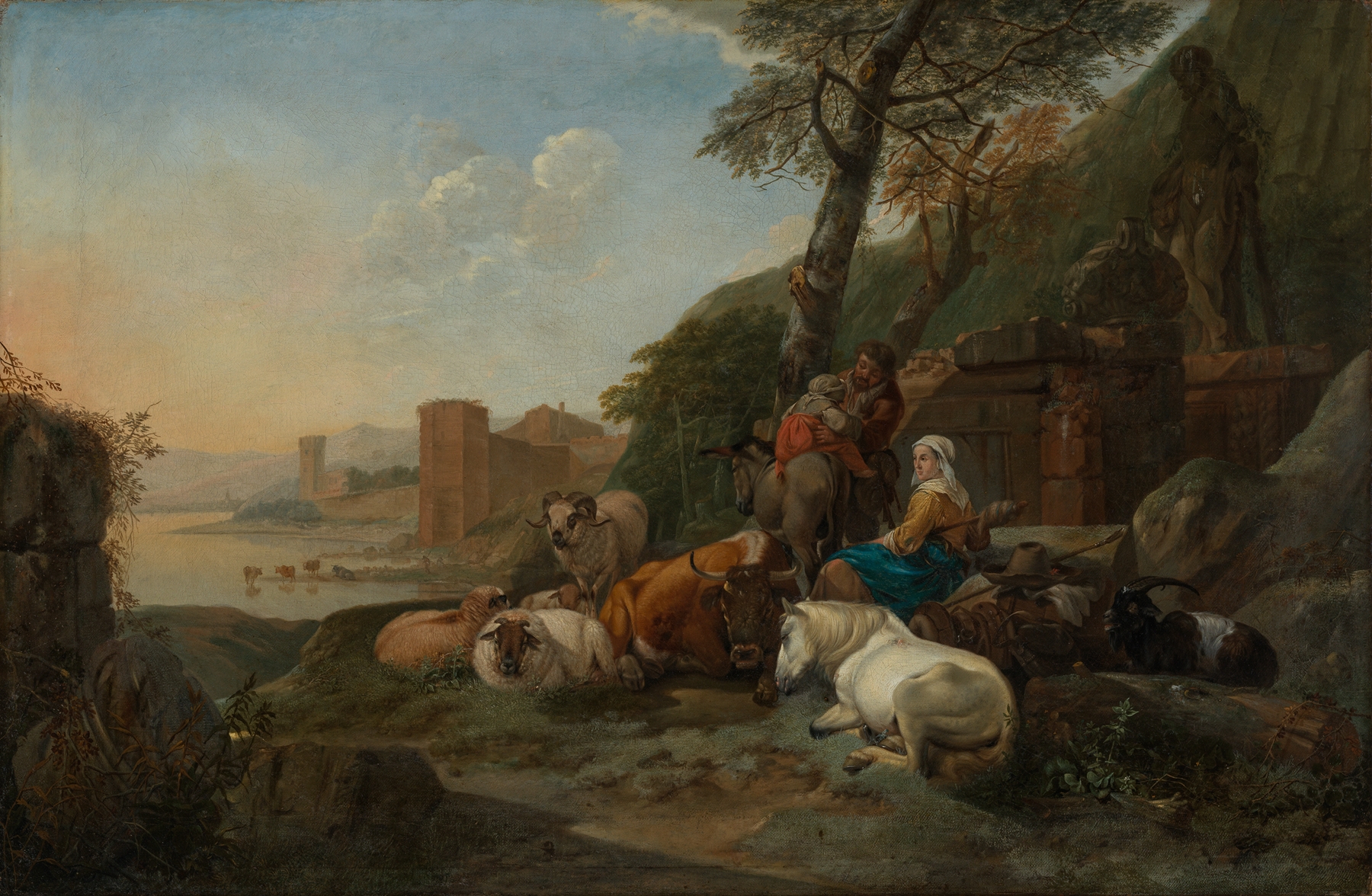 Landscape with shepherd family and herd, oil painting by Johann Heinrich Roos