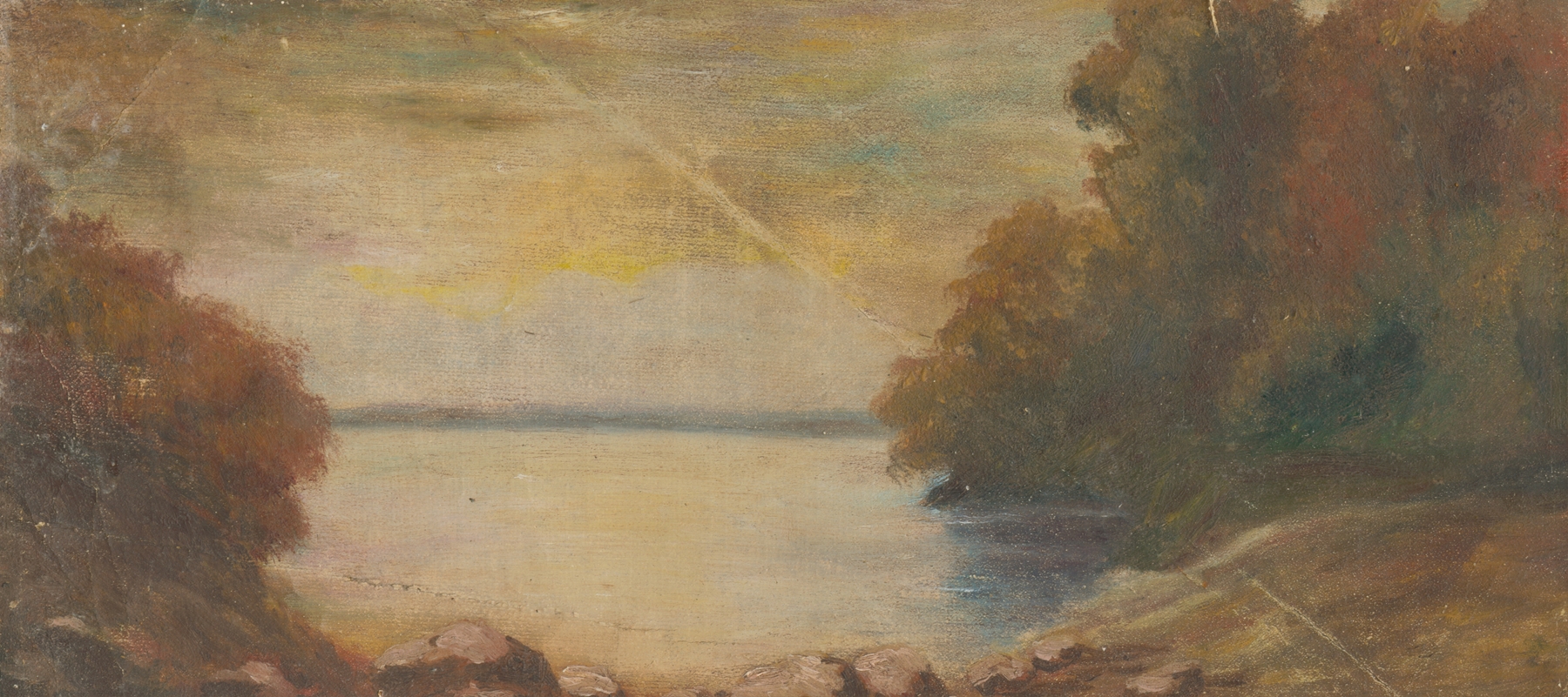 Landscape with a Lake by Ladislav Mednyánszky, oil painting depicting a tranquil lake at dusk.