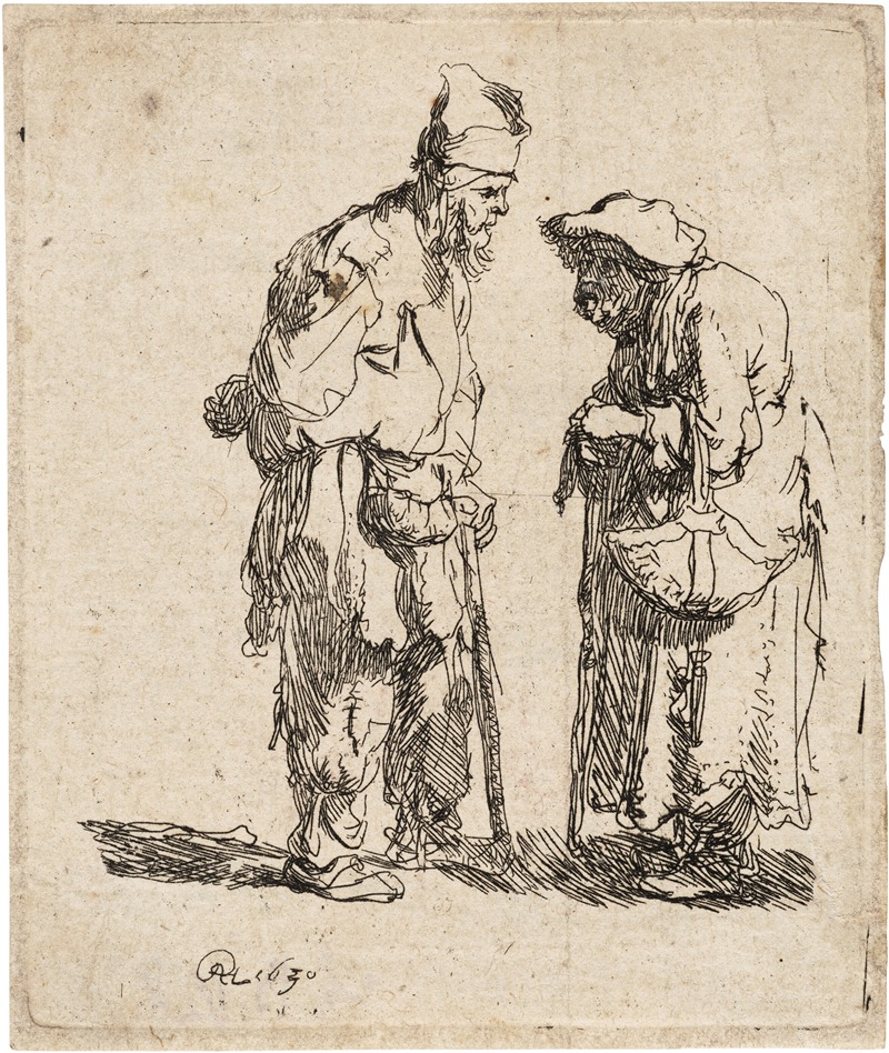 This painting depicts a conversation between a beggar man and woman.