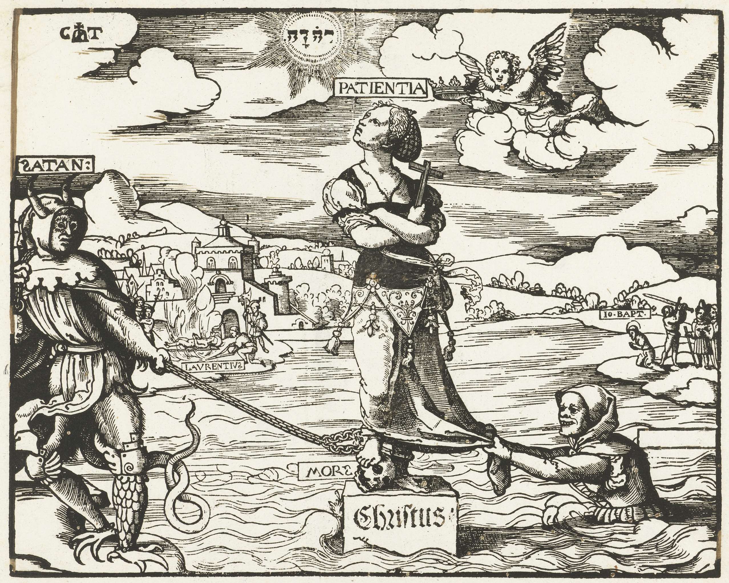 Geduld (Patientia) op een steen in het water, by Cornelis Anthonisz., public domain