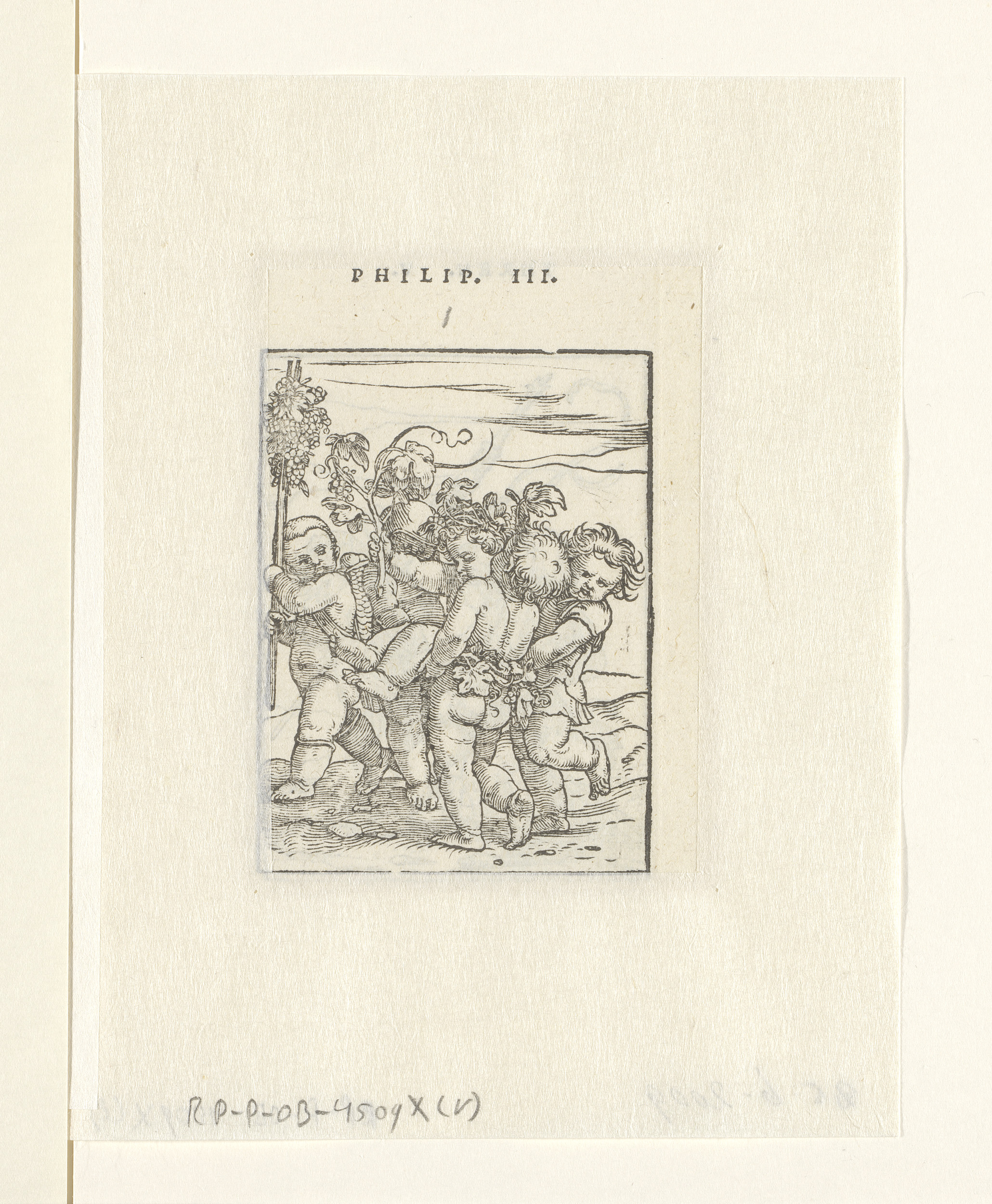 Northern Renaissance paper artwork by Hans Holbein depicting children carrying a child and a stick with vines.