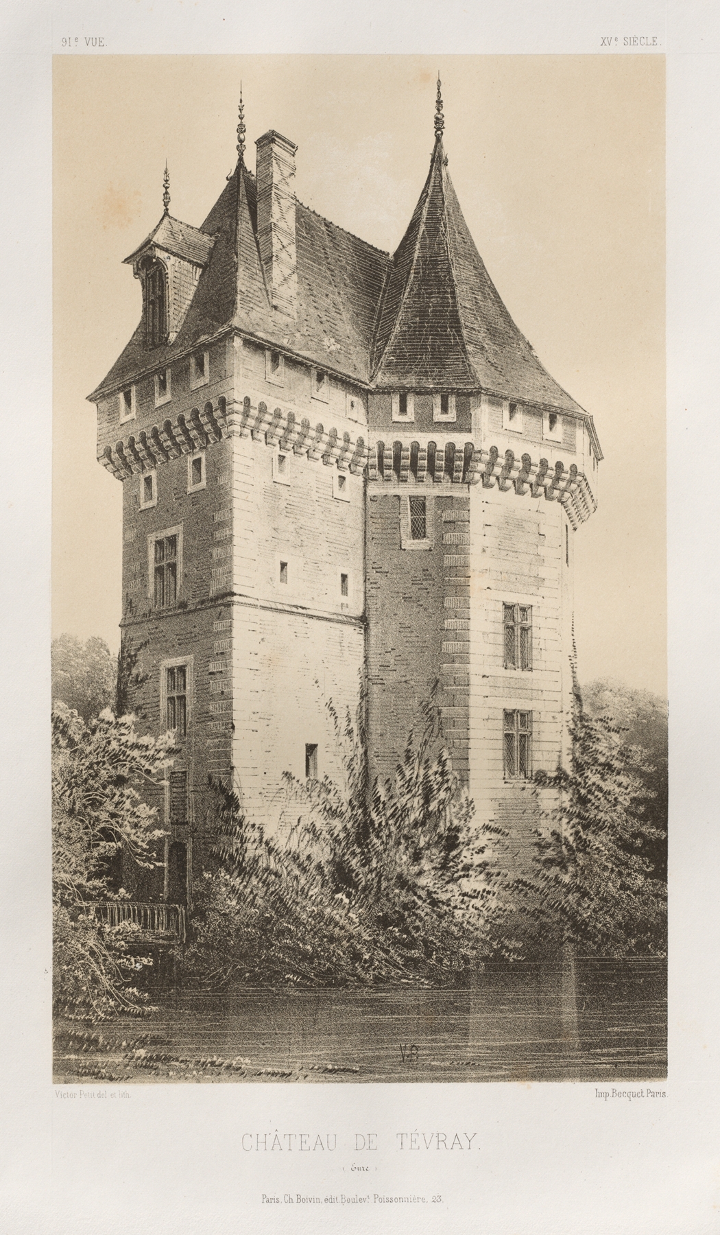 Landscape oil painting of Château de Tévray by Victor Petit