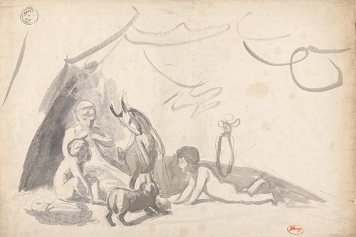 A charming scene of children playing with a goat and a dog.