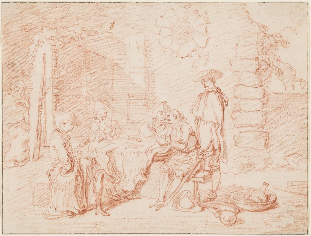 A depiction of soldiers engaged in a card game amidst ruins.