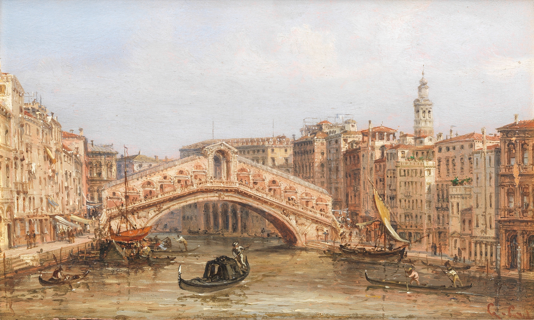 The Rialto Bridge by Giovanni Grubacs, oil painting depicting a grand bridge over a canal.