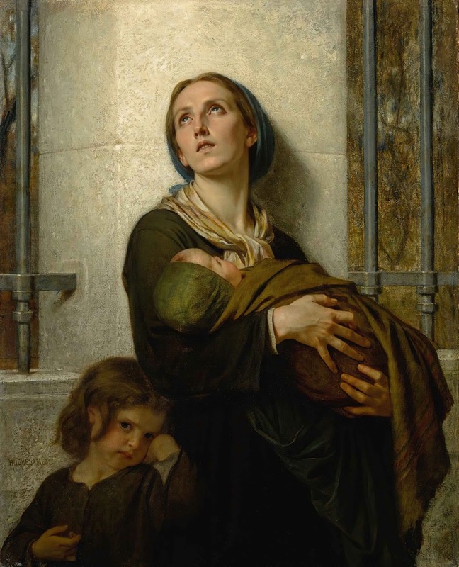 A painting depicting a woman in a somber setting, reflecting themes of loss and memory.