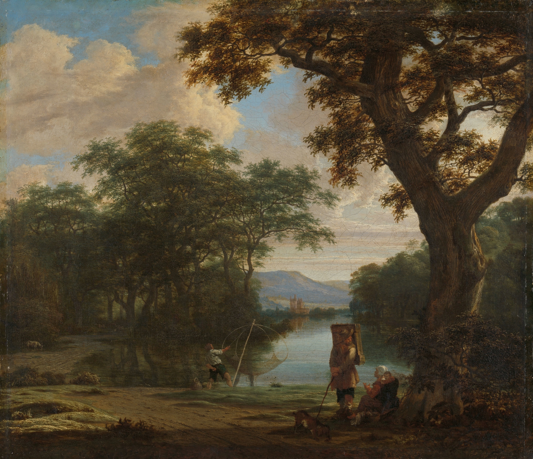 Landscape with Fisherman by Joris van der Haagen, oil painting depicting a fisherman with a square net.