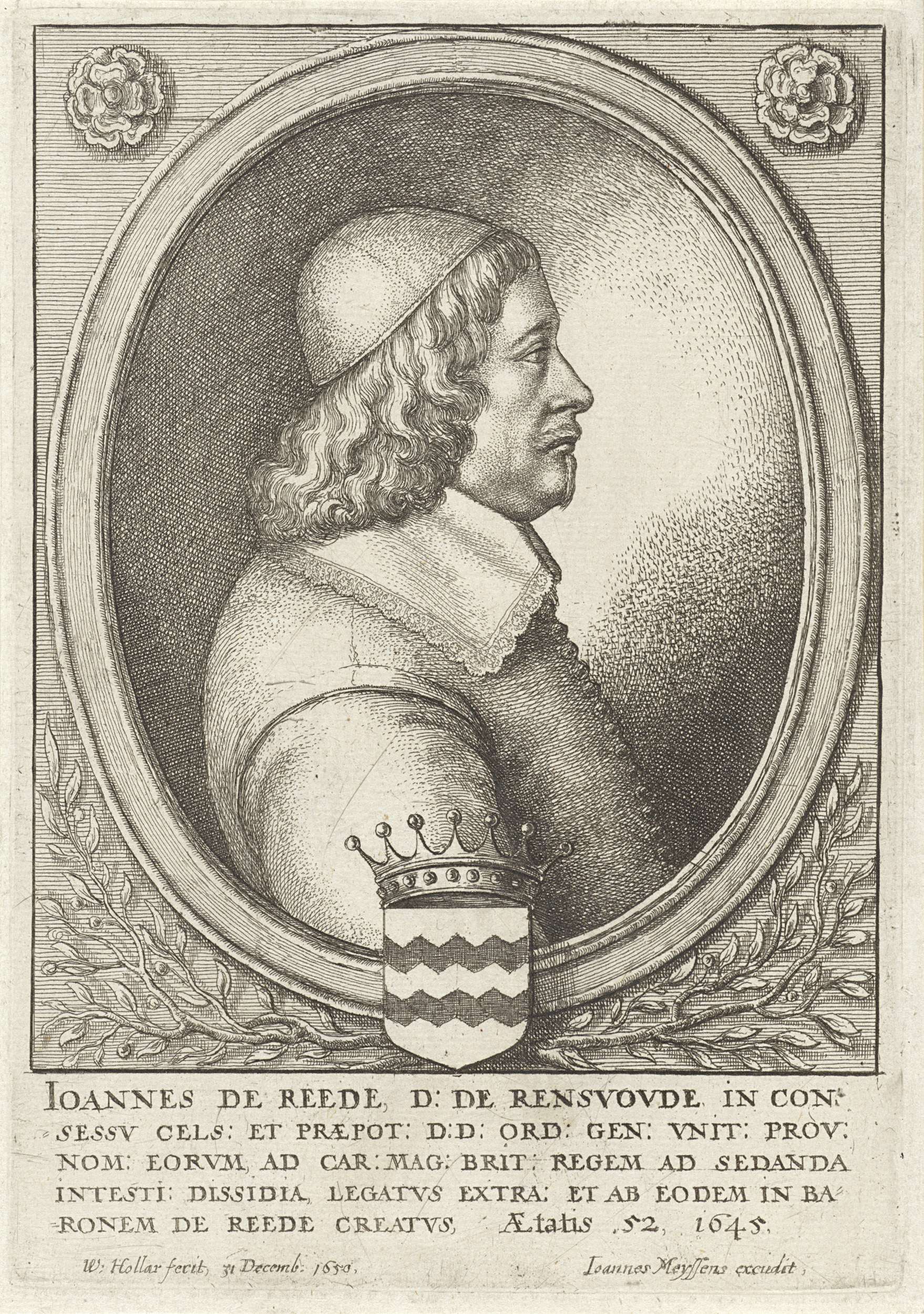 Portrait of Johan baron van Reede, etching by Wenceslaus Hollar featuring intricate lace collar