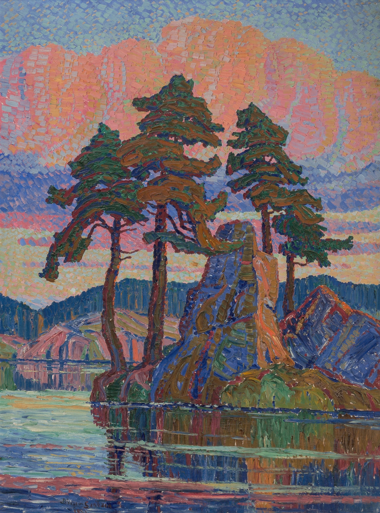 Lake at Sunset, Colorado by Birger Sandzén, oil on canvas depicting a sunset over a lake