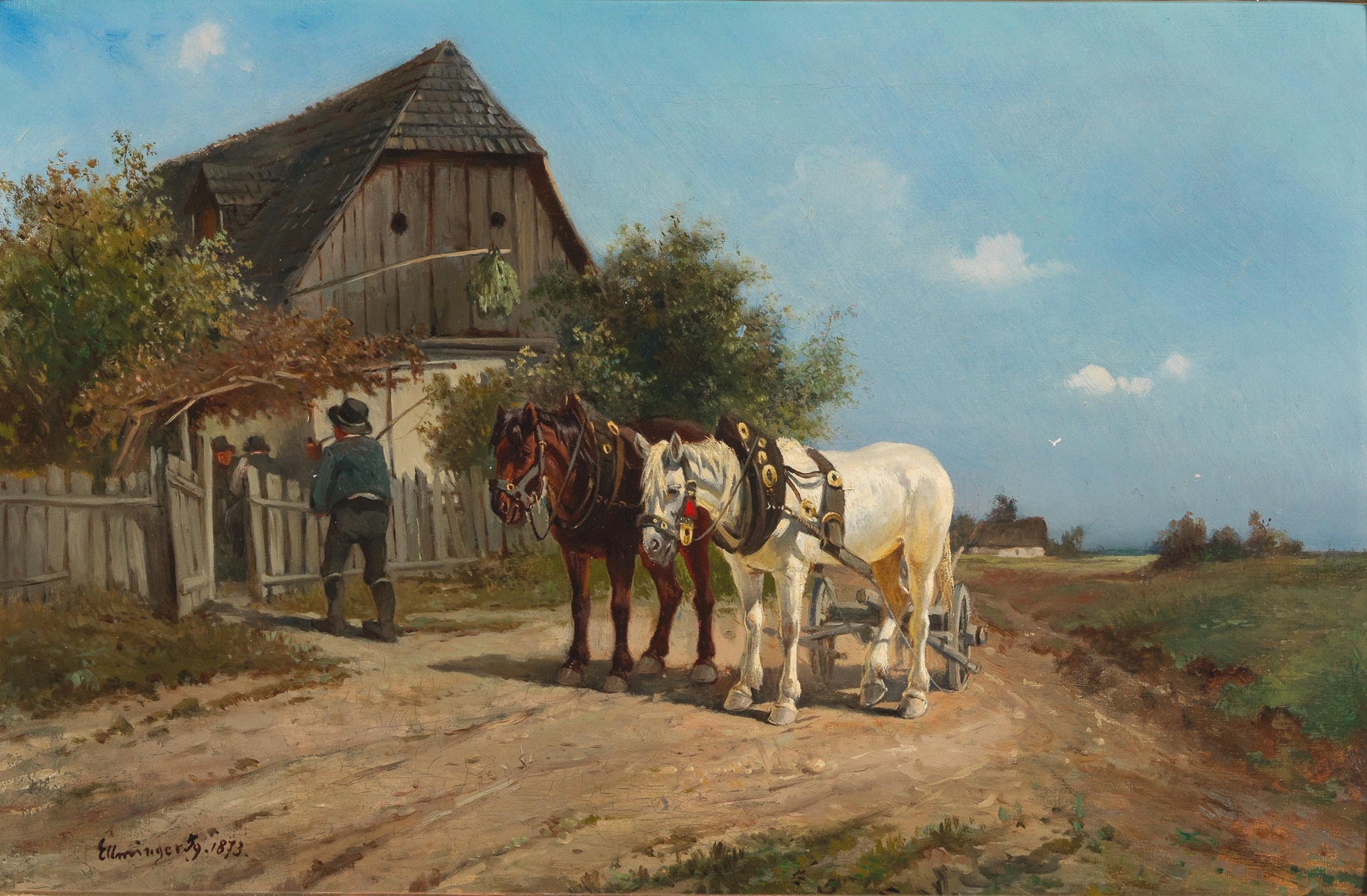 Genre scene depicting figures gathered around a rustic table, Ignaz Ellminger, oil painting