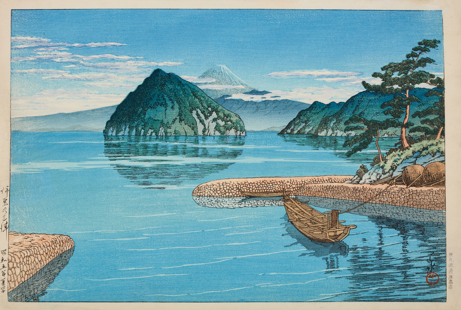 Woodblock print by Kawase Hasui depicting serene twilight waters and reflections