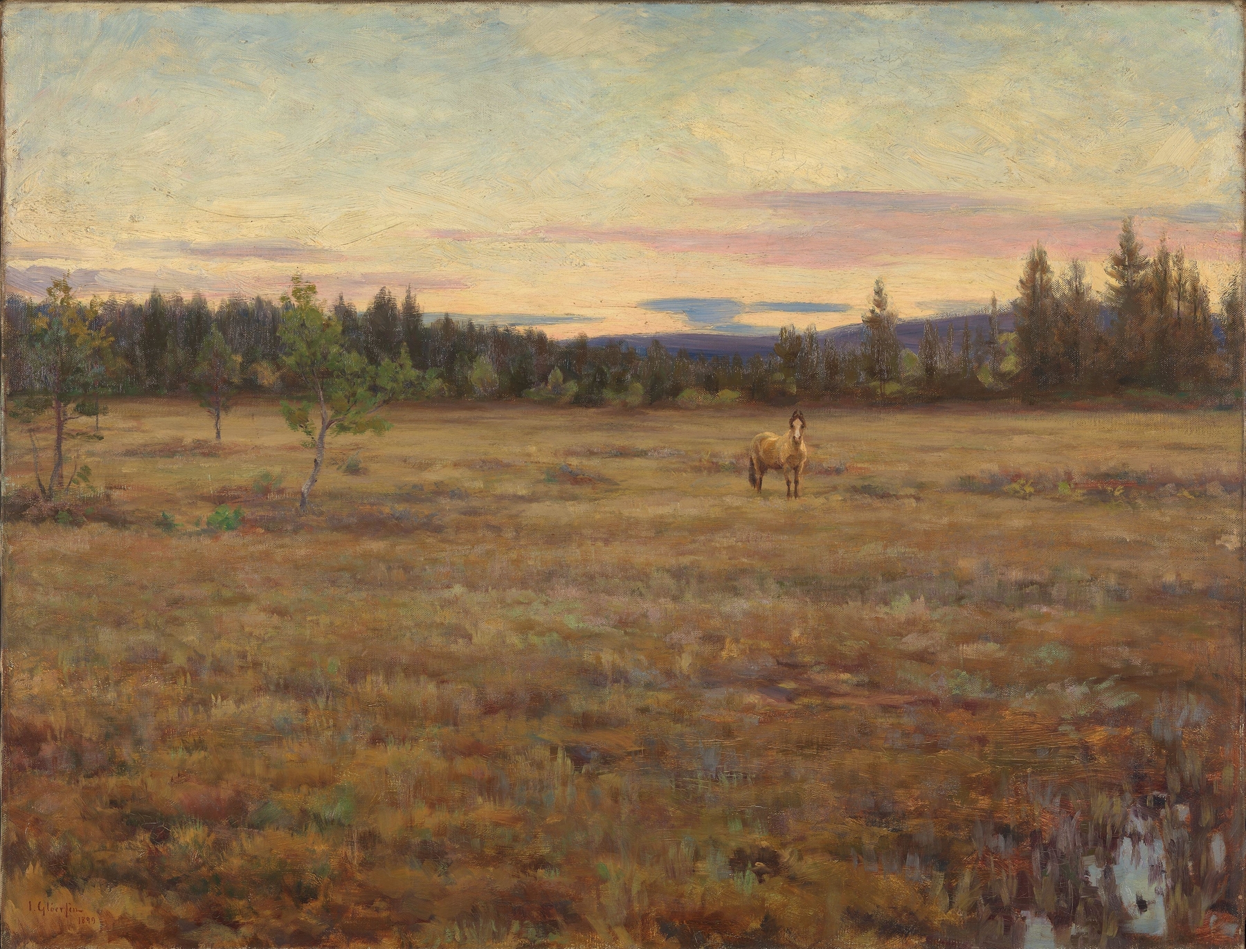 Early Autumn Morning by Jacob Gløersen, oil painting depicting a tranquil dawn landscape.