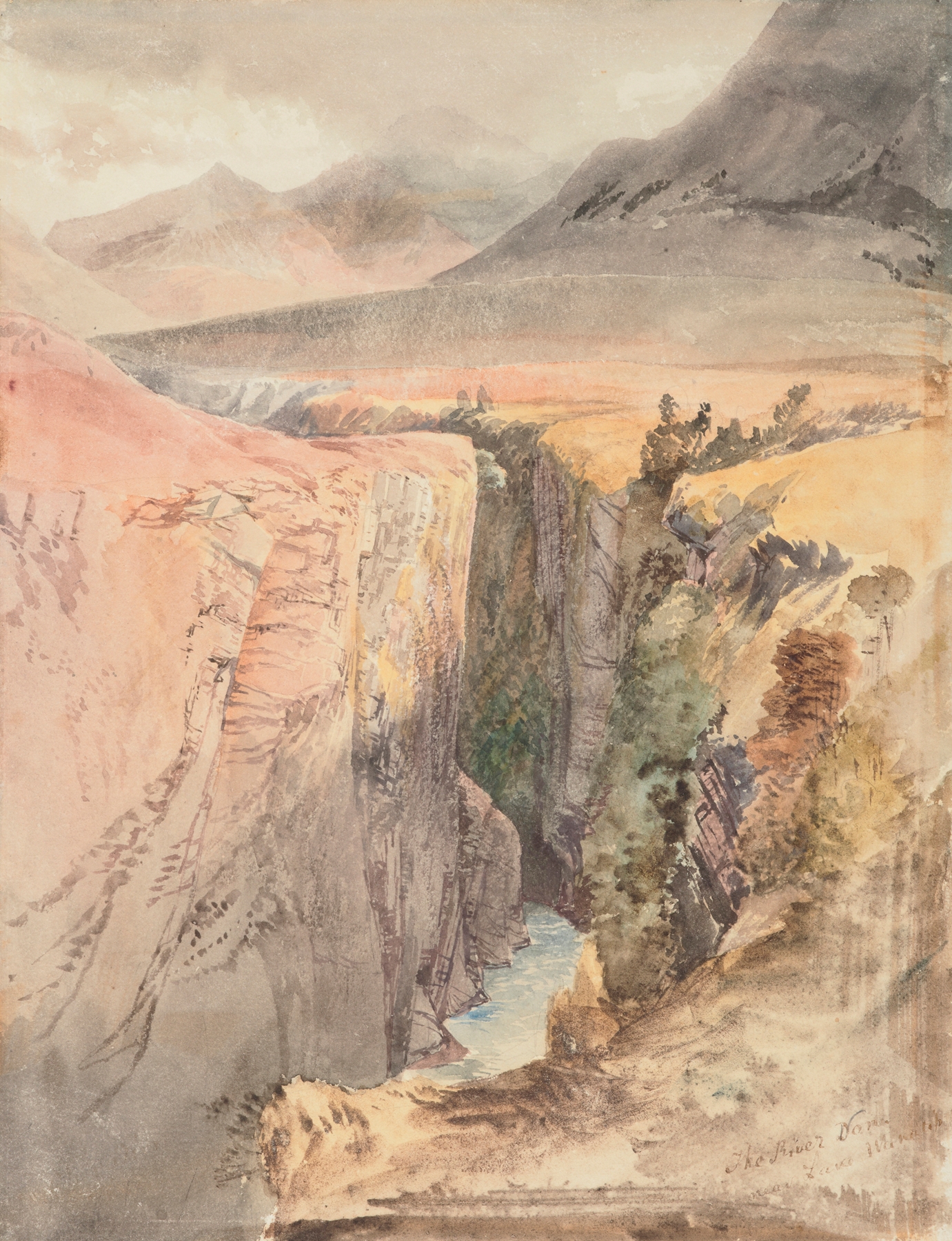 The River Von, near Lake Wakatipu by Nicholas Chevalier, oil on canvas depicting a river and mountains.