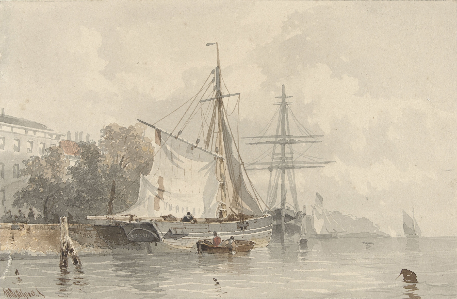 Marine scene with sailing ships at dock, oil painting by Frans Arnold Breuhaus de Groot
