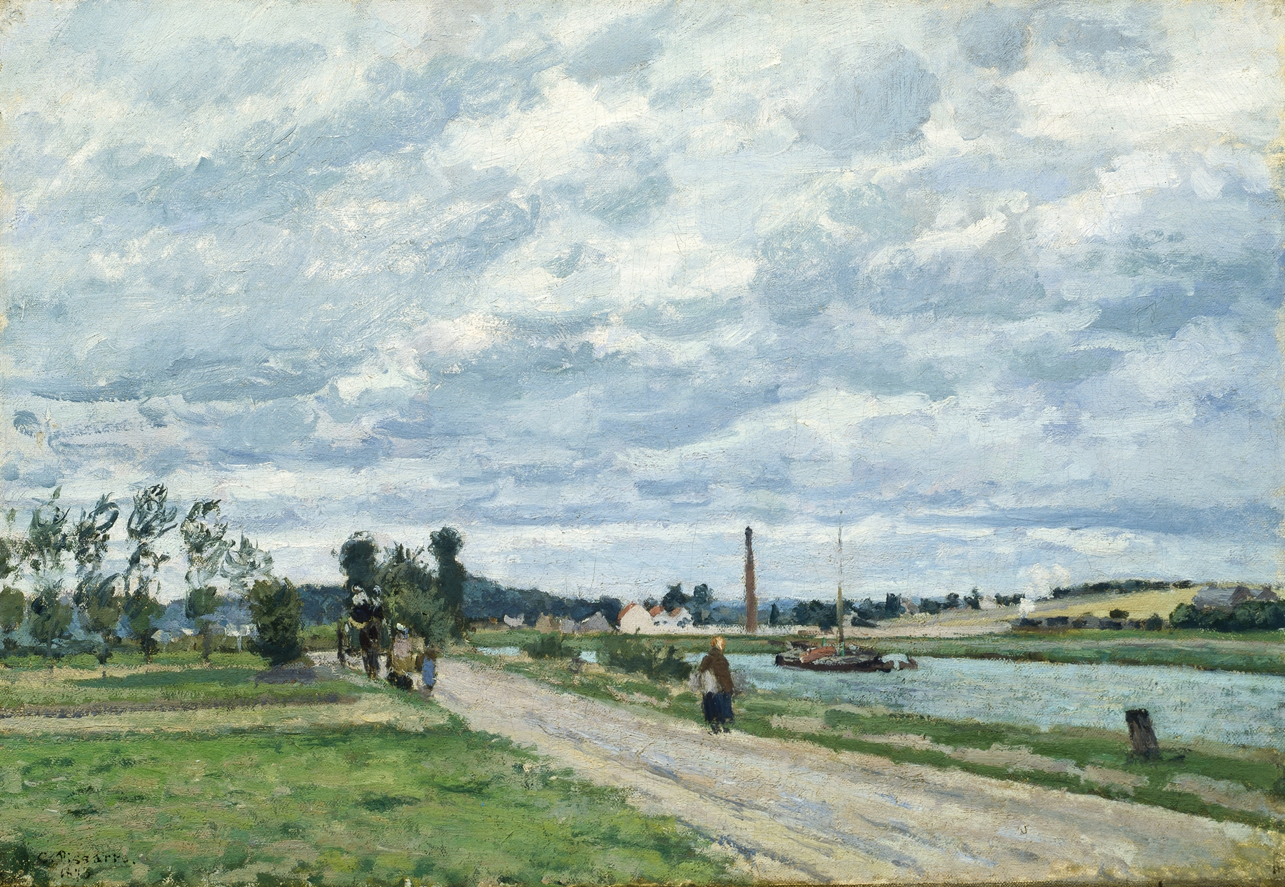 The Banks of the Oise near Pontoise, oil painting by Camille Pissarro, depicting a riverbank with lush greenery.