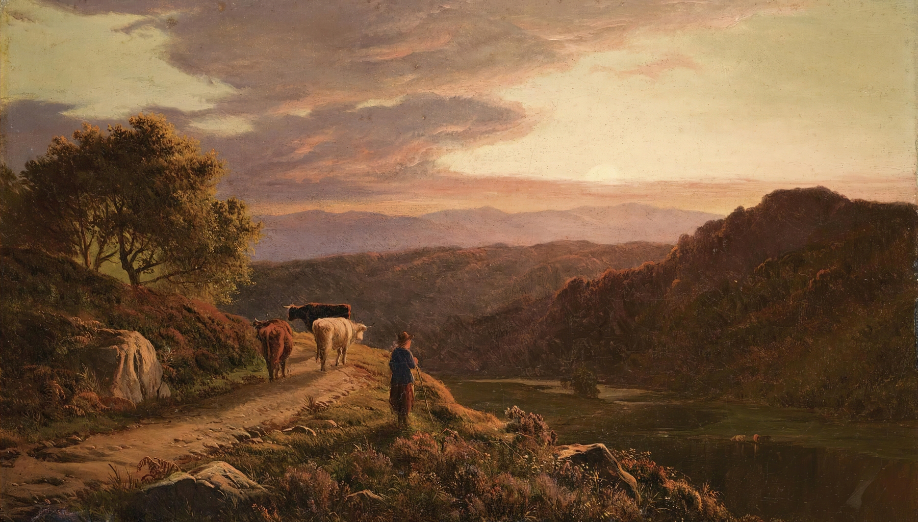Landscape oil painting by Sidney Richard Percy depicting hills and a path under a blue sky.
