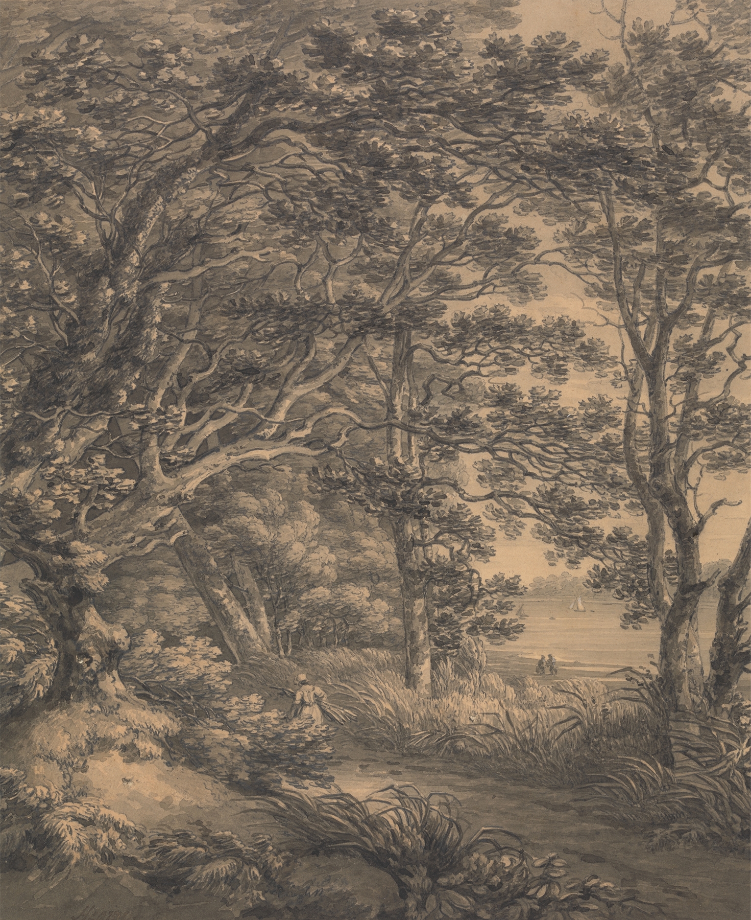 River landscape with figures, oil on canvas by Thomas Hearne