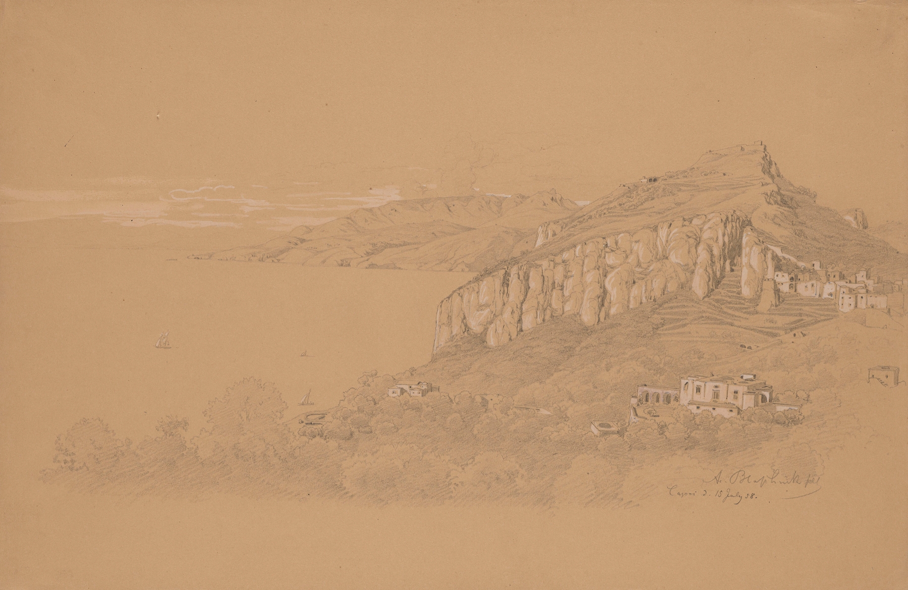 Rocky Coast of Capri by Arthur Blaschnik, oil painting depicting rugged cliffs and gentle waves.