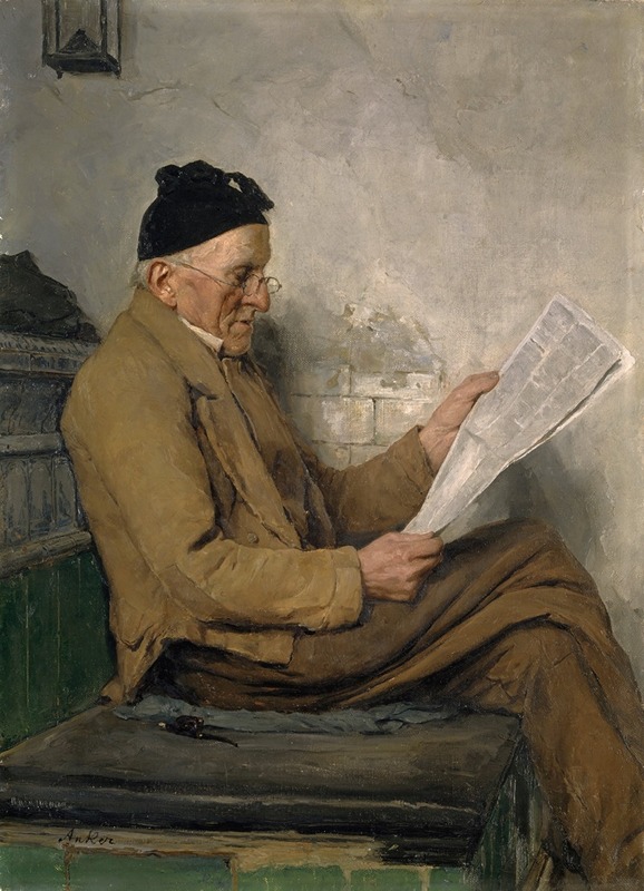 A farmer reads quietly on a stove bench in this intimate scene by Albert Anker.