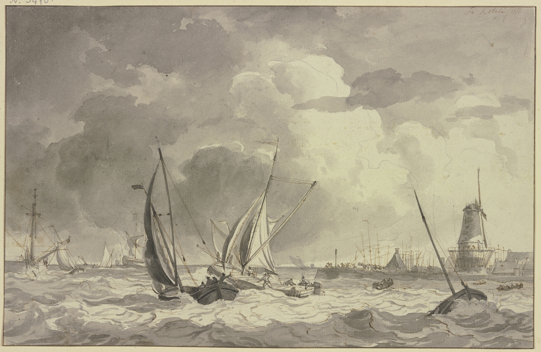 Marine scene with ships, harbor, windmill, and cannon, oil painting by Hendrik Kobell