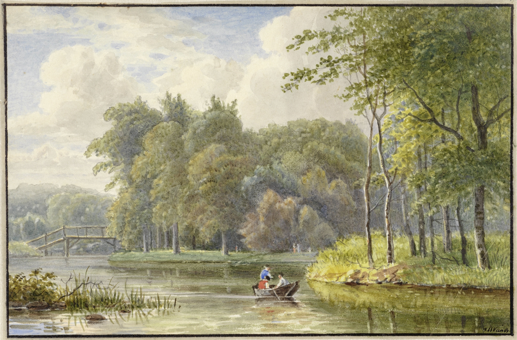 Landschap met figuren in een roeibootje by Georgius Jacobus Johannes van Os, oil painting depicting a serene landscape.