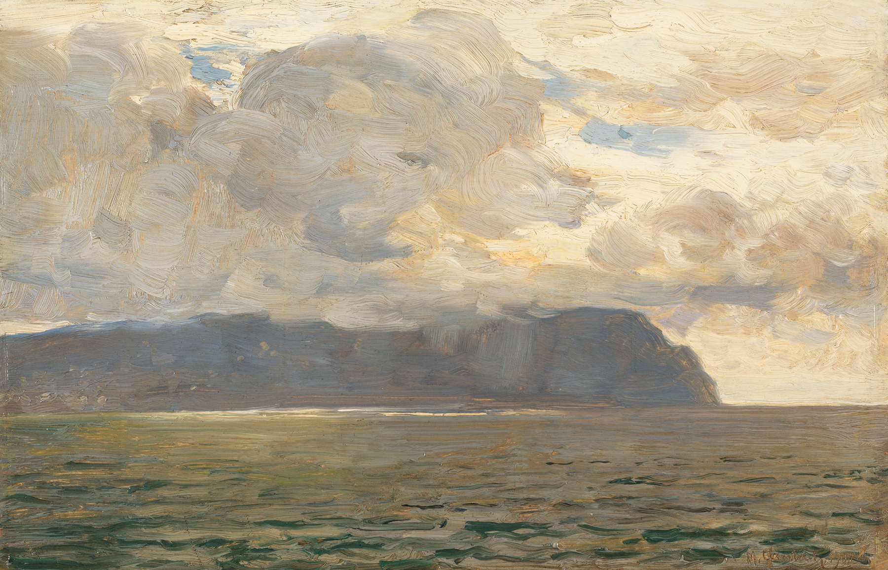 Marine landscape by Max Clarenbach, oil on canvas, featuring ocean and sunset colors.