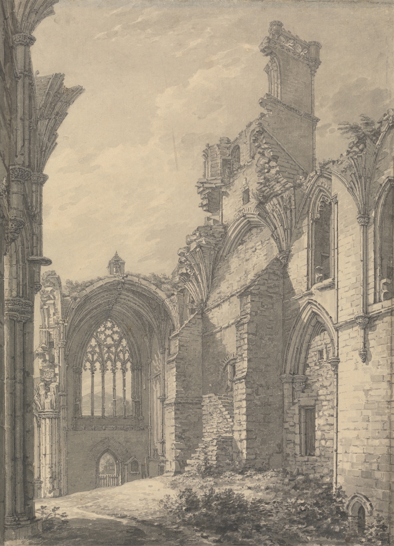 Transept of Melrose Abbey by Thomas Hearne, depicting architecture in an unknown medium.