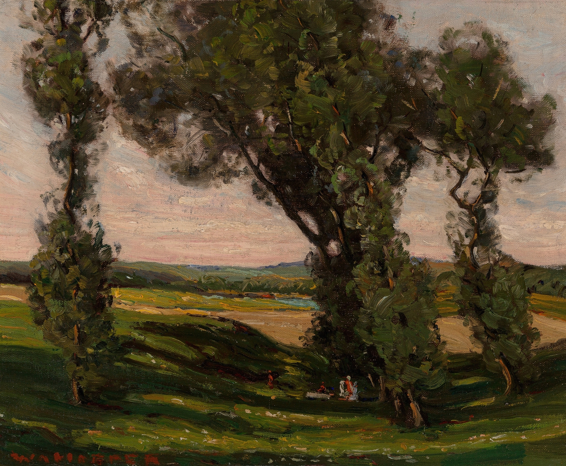 Lush landscape with dappled sunlight, oil painting by William Harper