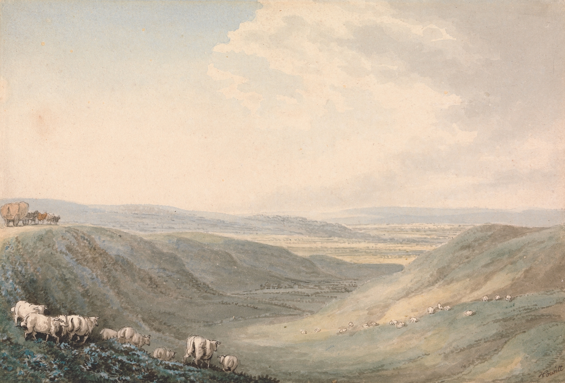 Watercolour by Samuel Howitt depicting a valley landscape with sheep and rolling hills.