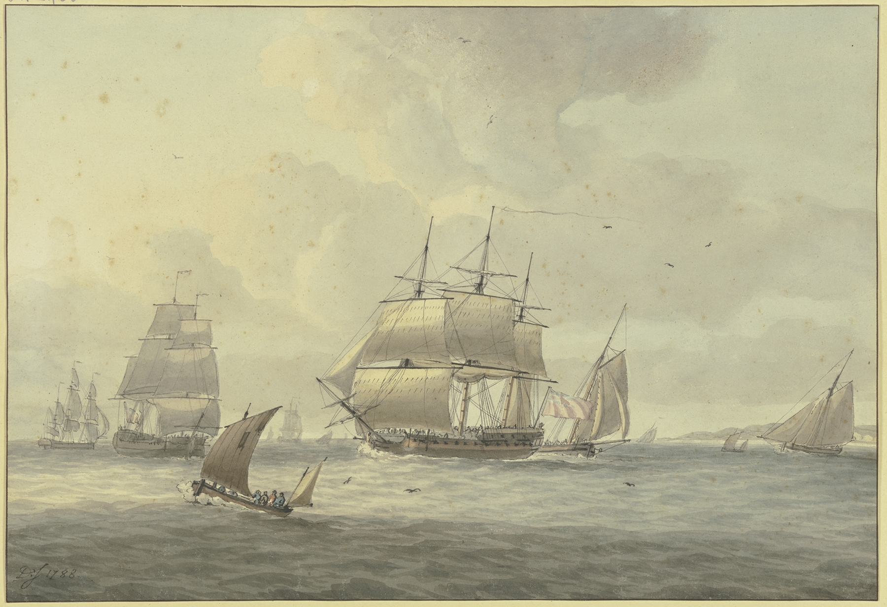 Leicht bewegte See, unter vielen Schiffen ein Dreimaster mit vollen Segeln nach links, vorne ein Segelboot, by Dominic Serres, public domain