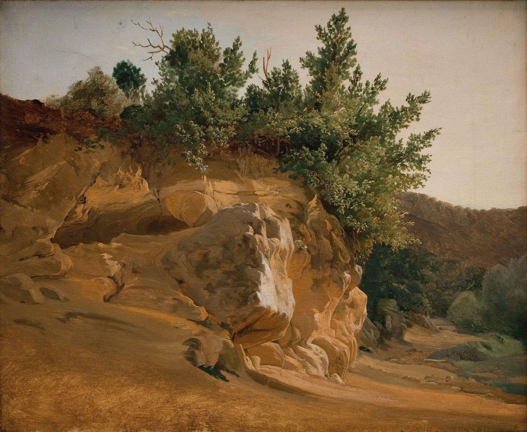 Italian landscape oil painting by Fritz Petzholdt featuring an overgrown rock and lush greenery.