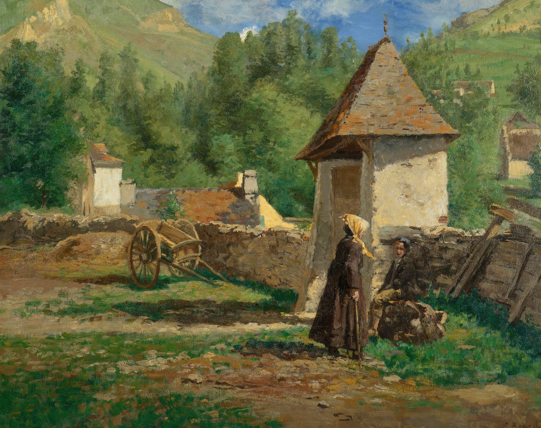 Landscape oil painting by Henri Stanislas Rouart featuring mountains and a blue sky.