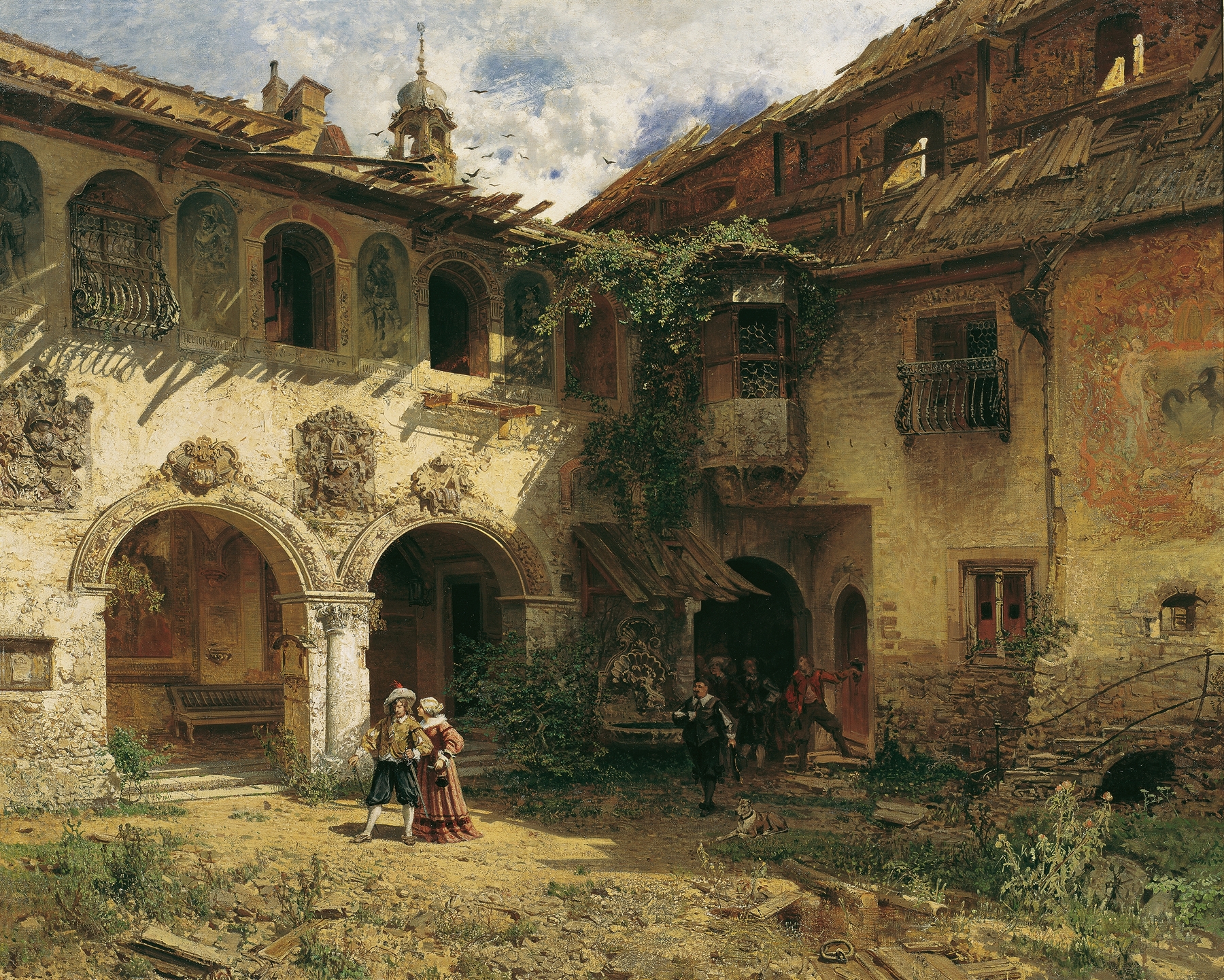 Hof der Fürstenburg in Burgeis by Robert Russ, oil on canvas depicting a serene landscape with a castle.