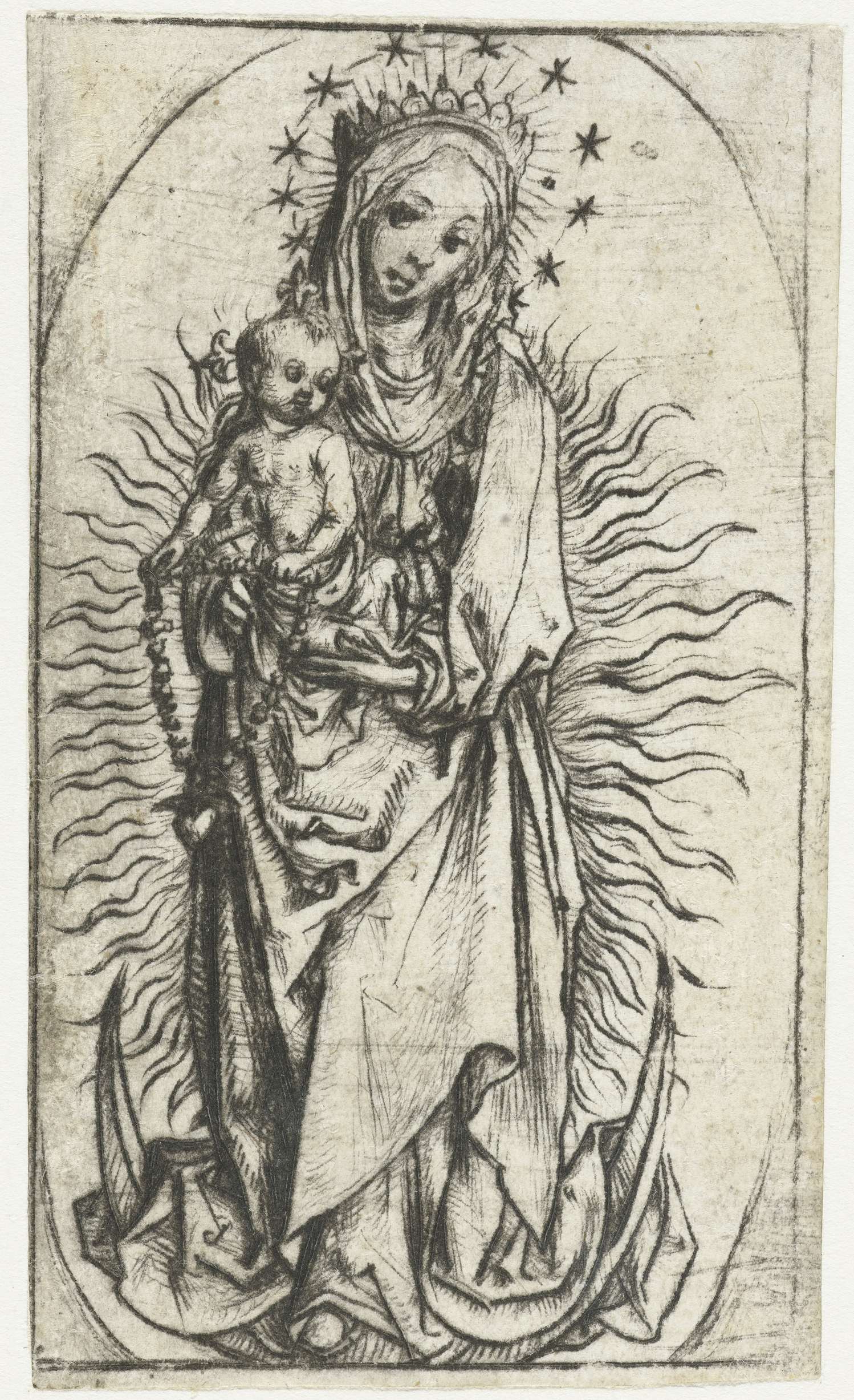 Madonna with star crown and rosary on crescent moon, drypoint by Meester van het Amsterdamse Kabinet