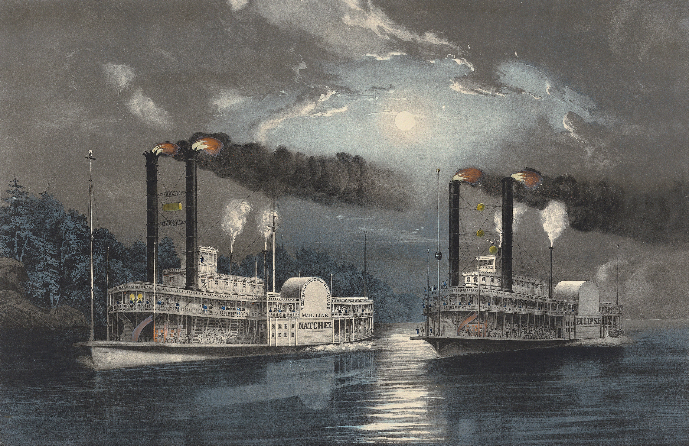 A Midnight Race on the Mississippi lithograph by Frances Flora Bond Palmer showing steam boats on a river at night.