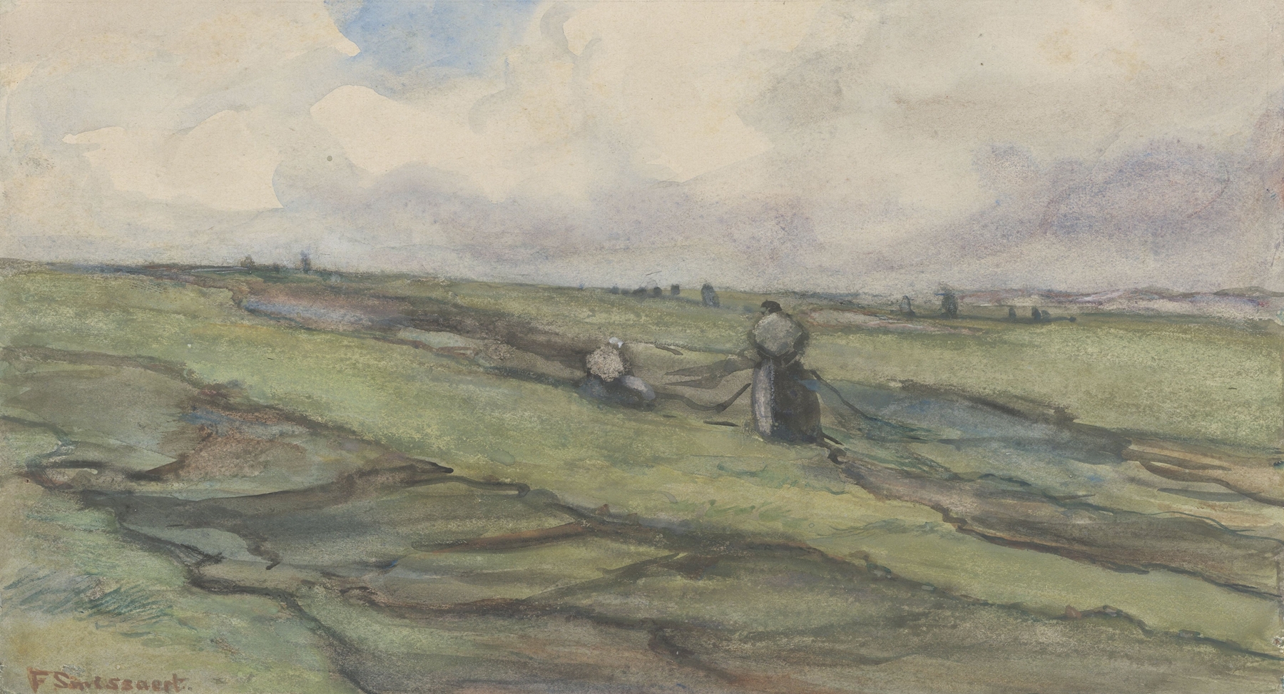 Vissersvrouwen die visnetten herstellen, by Frans Smissaert, public domain