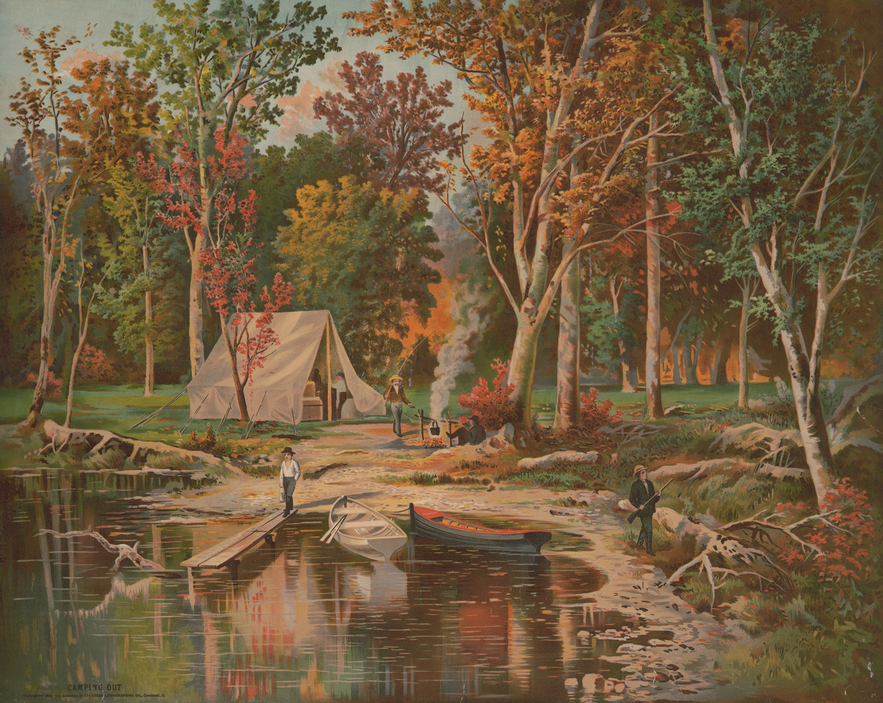 Camping Out lithograph by Krebs Lith. Co depicting a campsite under a starry sky