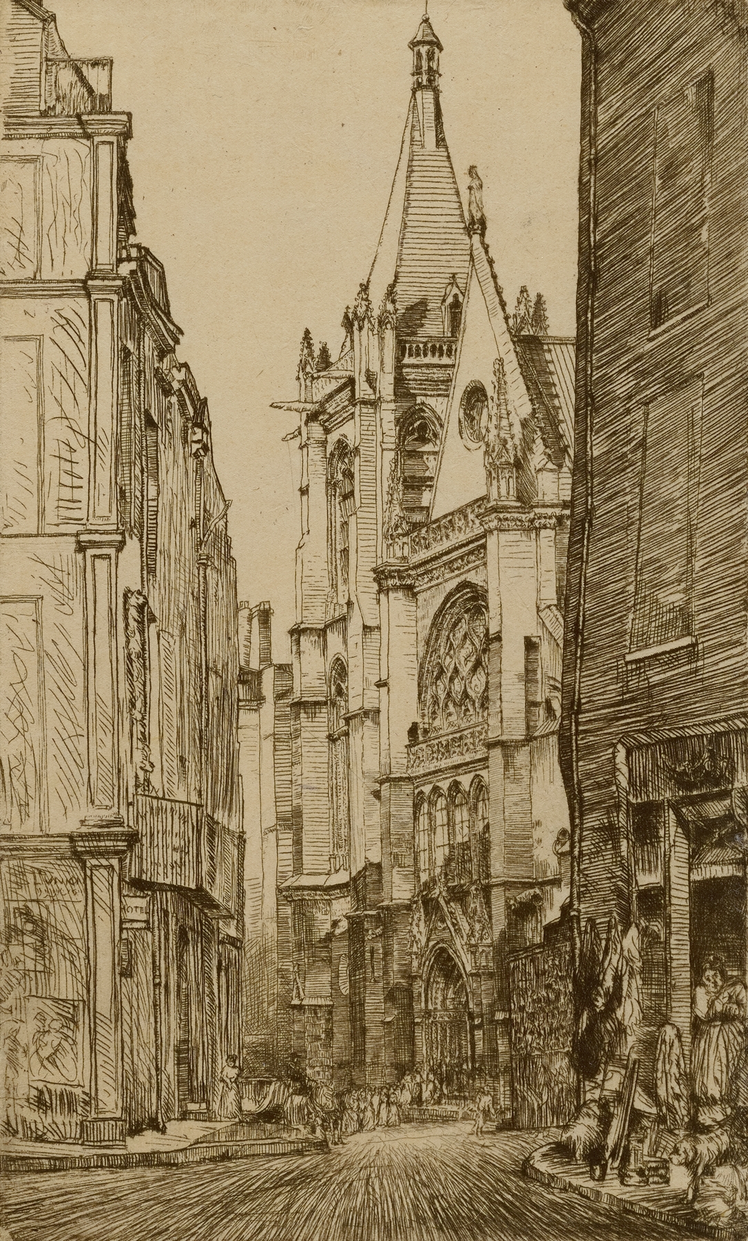 St. Severin, Paris by Donald Shaw MacLaughlan, oil on canvas depicting a cathedral with stained glass