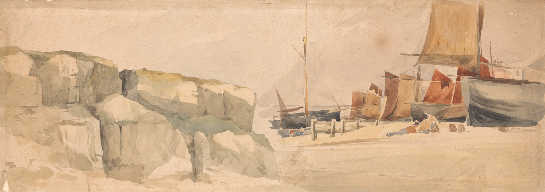 Ships on the beach by Samuel Austin, oil painting depicting weathered ships and ocean waves.