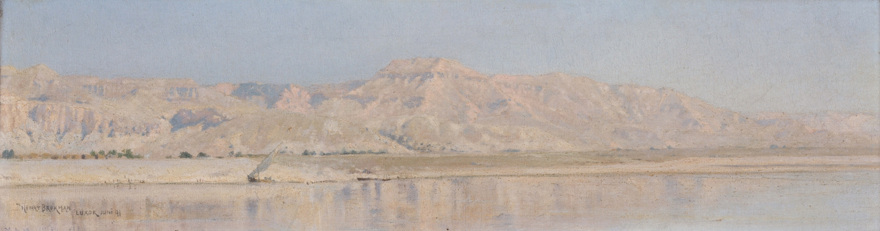 Le Nil – Louxor (Les montagnes de Thèbes) by Henry Brokman, oil on canvas depicting a river and mountains.