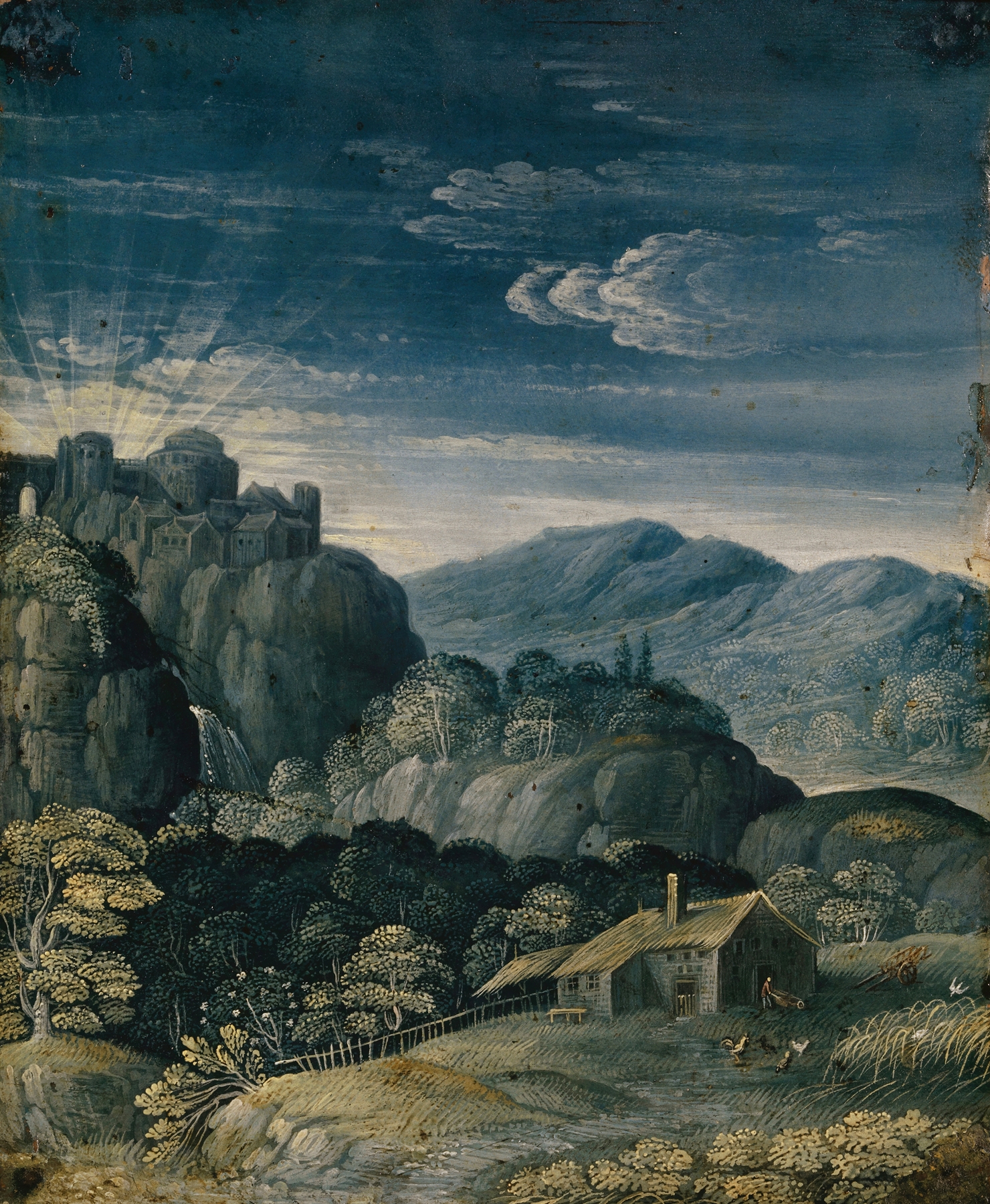 Landscape at Sunrise engraving by Matthäus Merian the elder, featuring warm colors and rolling hills.