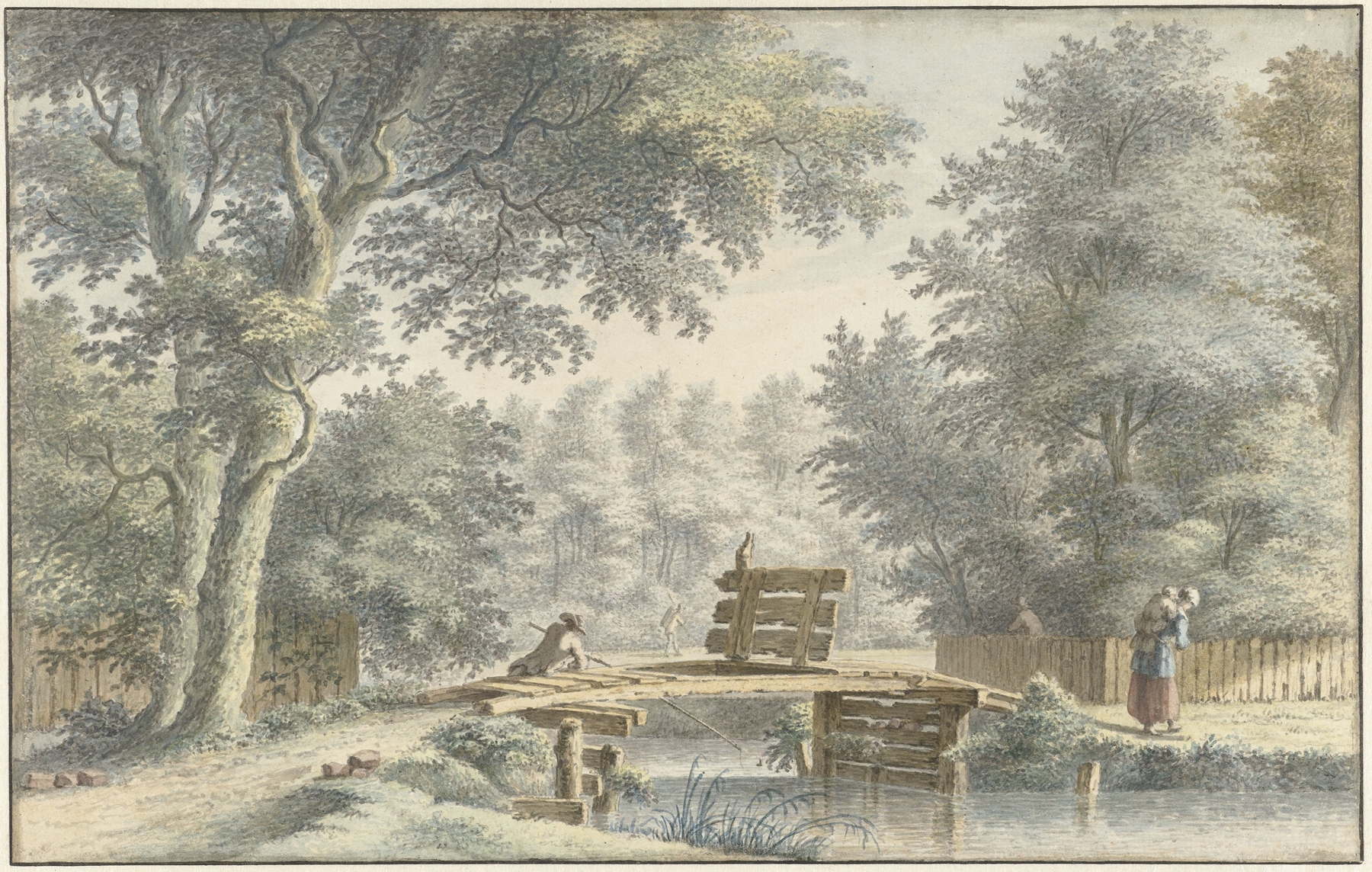 Landschap met een brug waarop een hengelaar, oil on canvas by Gerard van Rossum