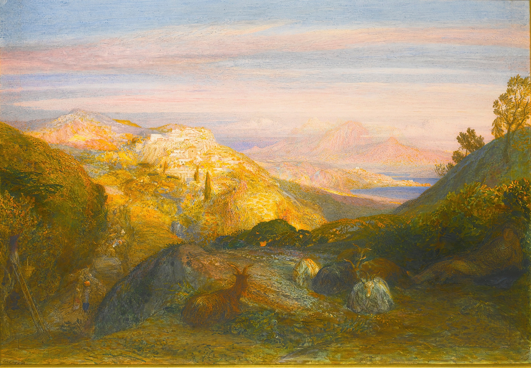 Landscape with figures on a path, oil on canvas by Samuel Palmer