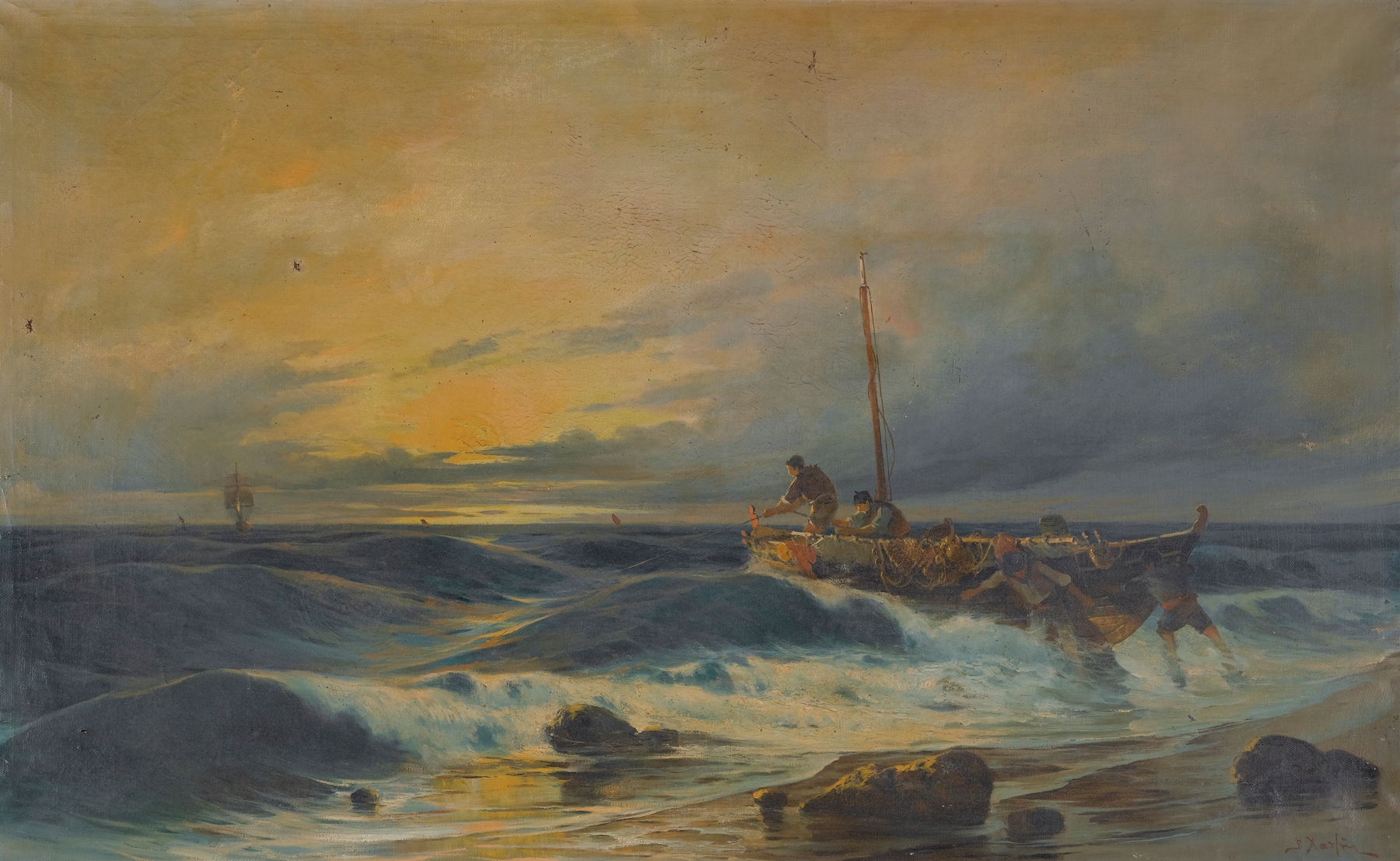 Marine scene with a figure emerging from waves, oil painting by Vasilios Chatzis