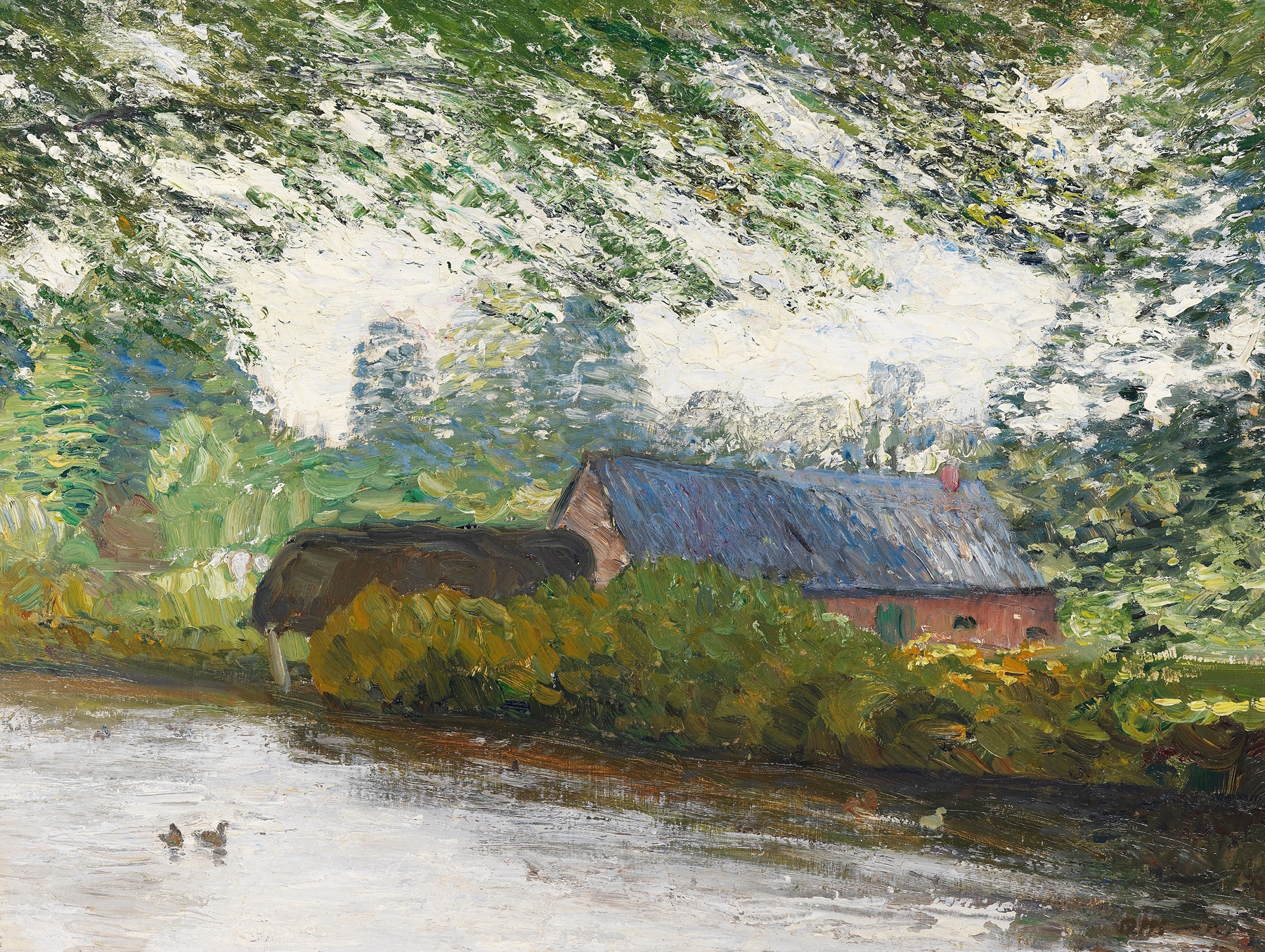 Ducks gliding on a pond in 'Enten auf der Wümme' by Otto Modersohn, oil on canvas