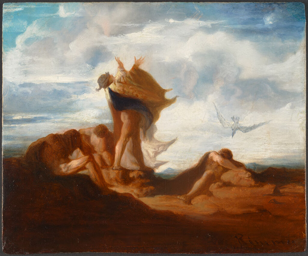 Job and His Comforters, oil on board by William Rimmer depicting Job in anguish surrounded by comforters.