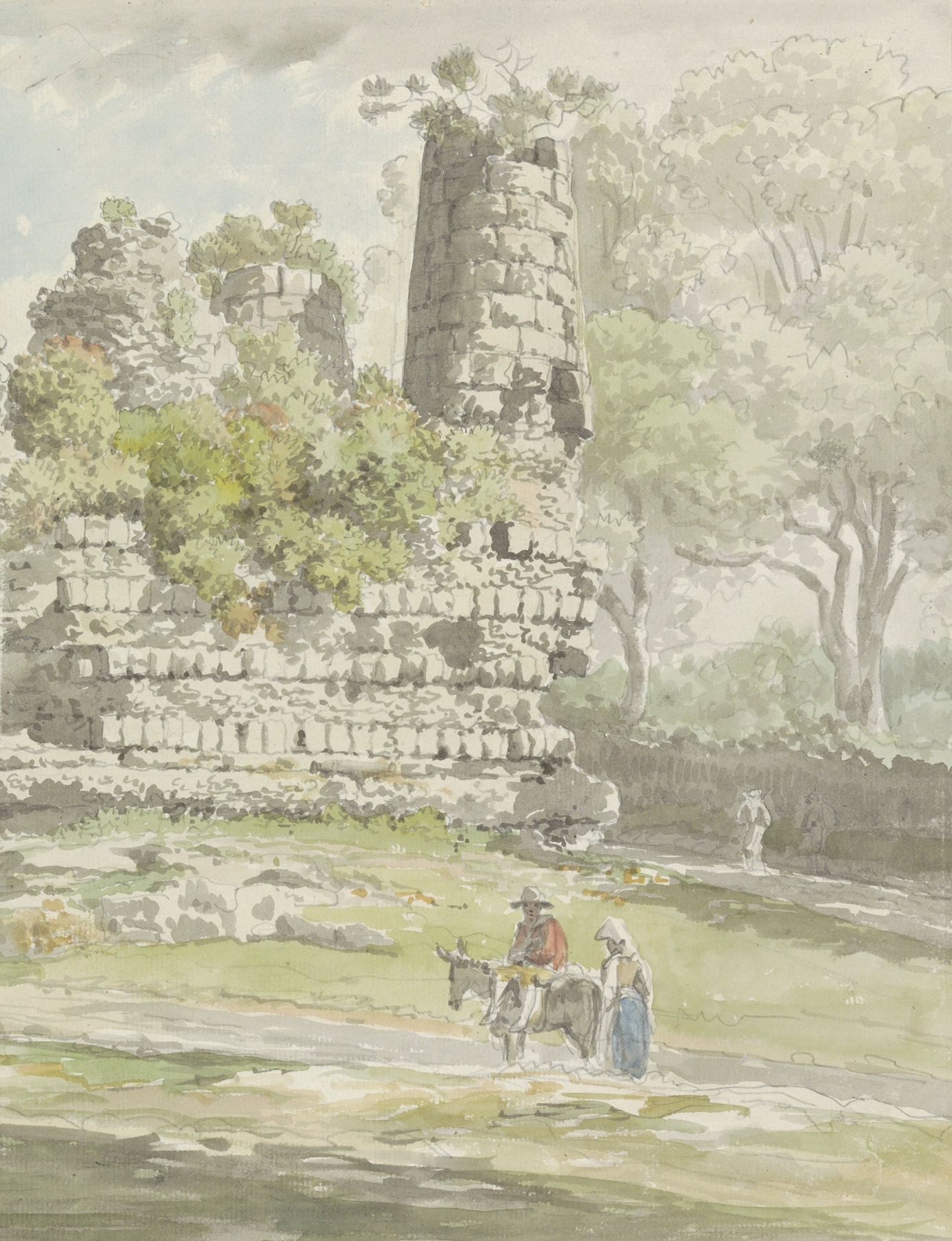 Graf van de Horatii aan de Via Appia by Carlo Labruzzi, oil painting depicting Roman tombs under a cloudy sky.
